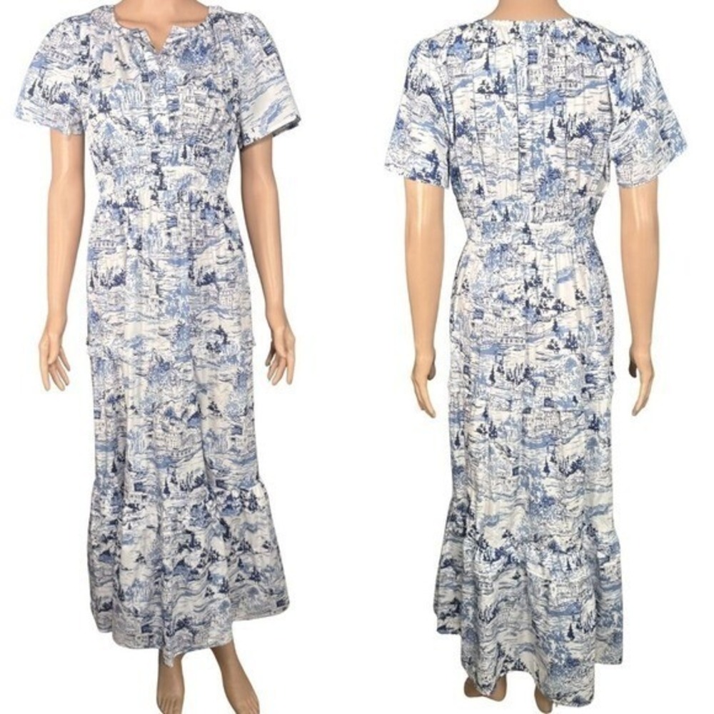 Sugarlips Blue White Toile De Jouy Tiered Maxi Dress Small Smocked Waist V-Neck